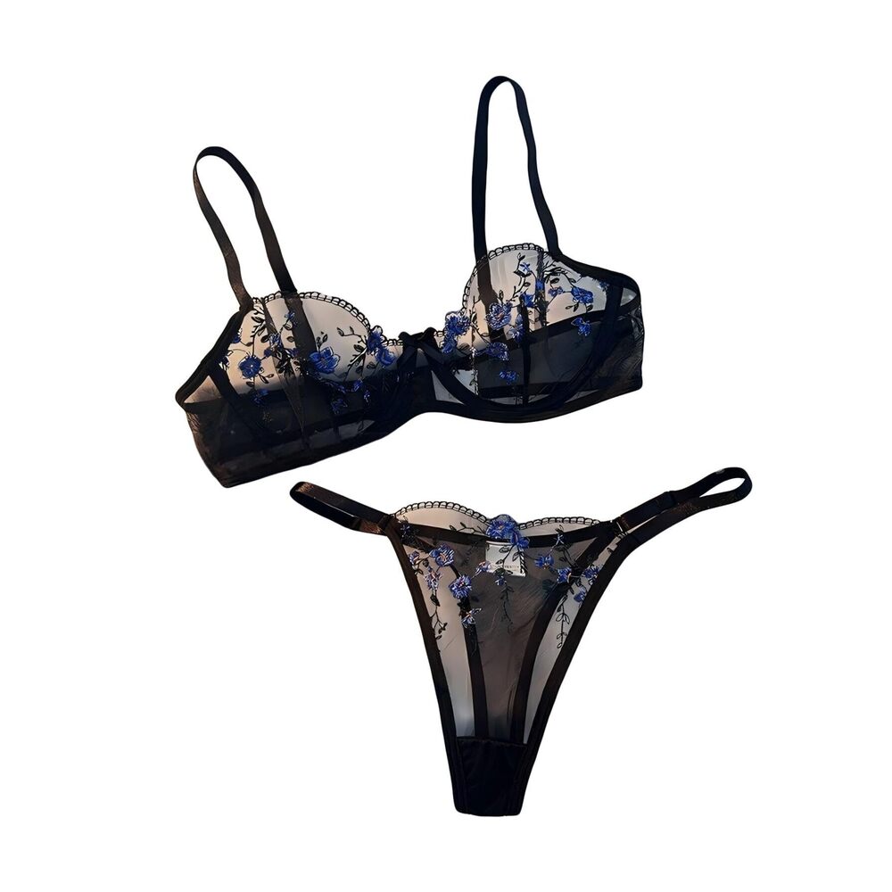 9900 Floral Embroidered Sheer Mesh Sexy Valentine's Lingerie Set Black L